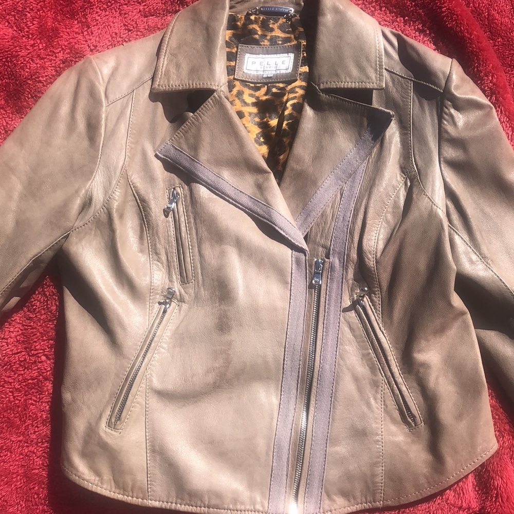 Women leather motorcycle jacket - Taupe- super soft leather